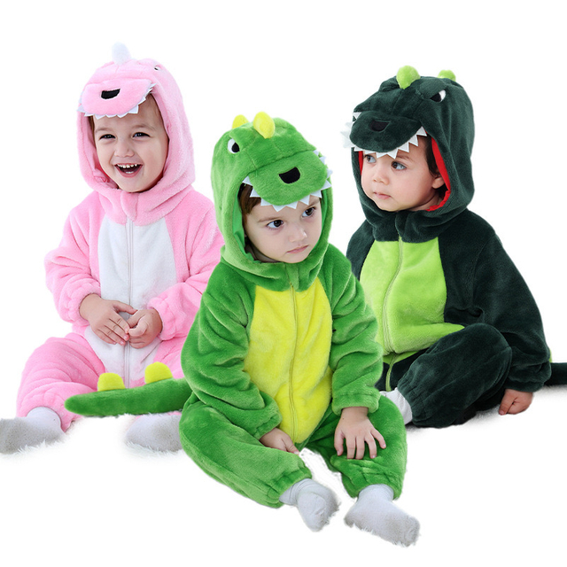 Uroczy polarowy kombinezon dziecięcy z kapturem i pluszowym dinozaurem dla małych dzieci 